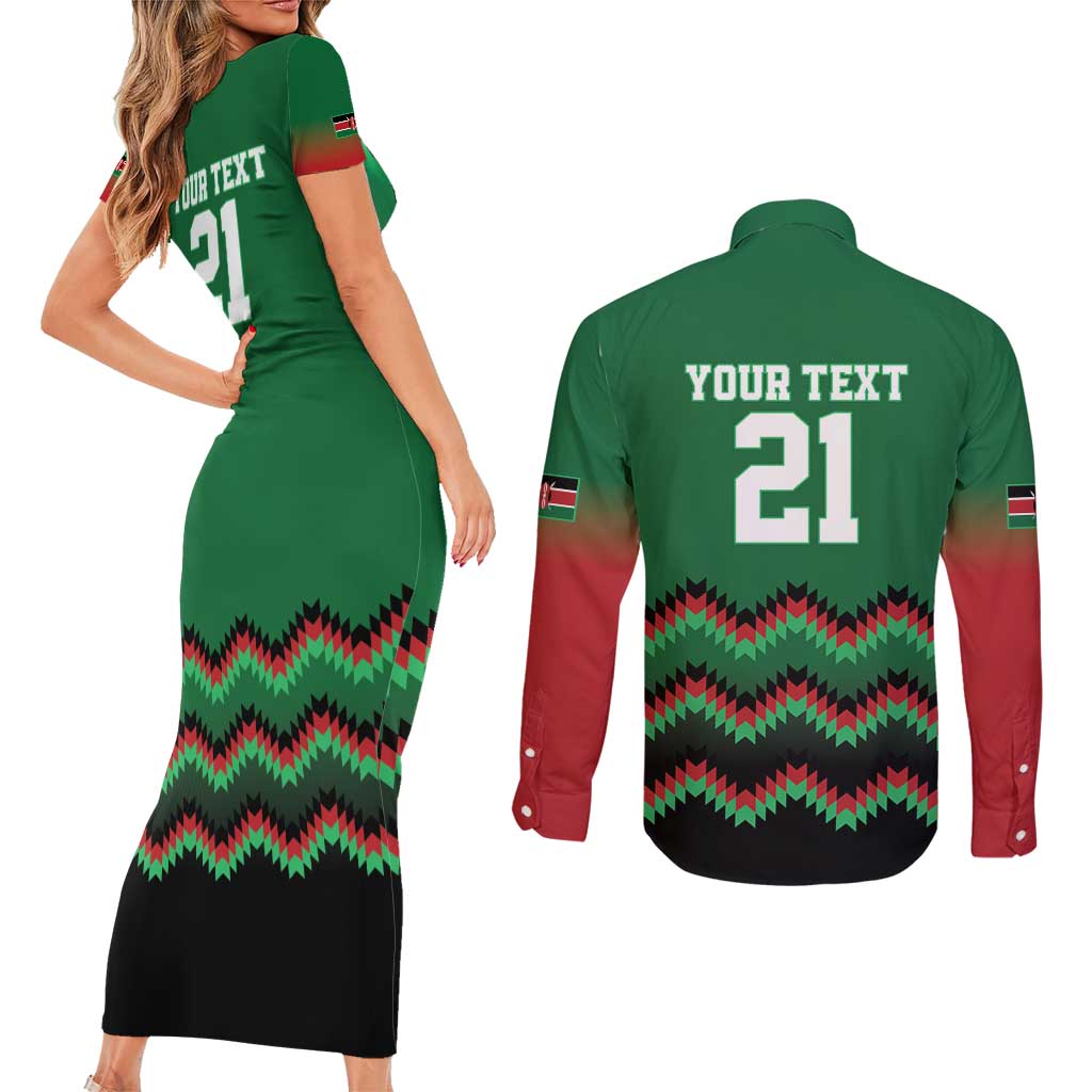 Kenya Cricket Custom Couples Matching Short Sleeve Bodycon Dress and Long Sleeve Button Shirt Green Lion Head with Kenyan Pattern - Wonder Print Shop