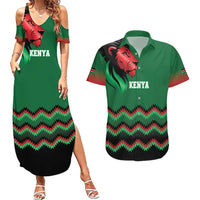 Kenya Cricket Custom Couples Matching Summer Maxi Dress and Hawaiian Shirt Green Lion Head with Kenyan Pattern - Wonder Print Shop