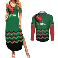 Kenya Cricket Custom Couples Matching Summer Maxi Dress and Long Sleeve Button Shirt Green Lion Head with Kenyan Pattern - Wonder Print Shop