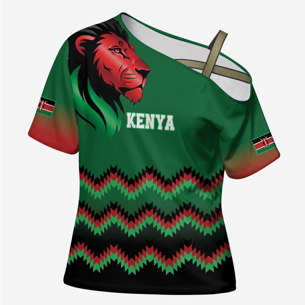 Kenya Cricket Custom Cross Shoulder Shirt Green Lion Head with Kenyan Pattern - Wonder Print Shop