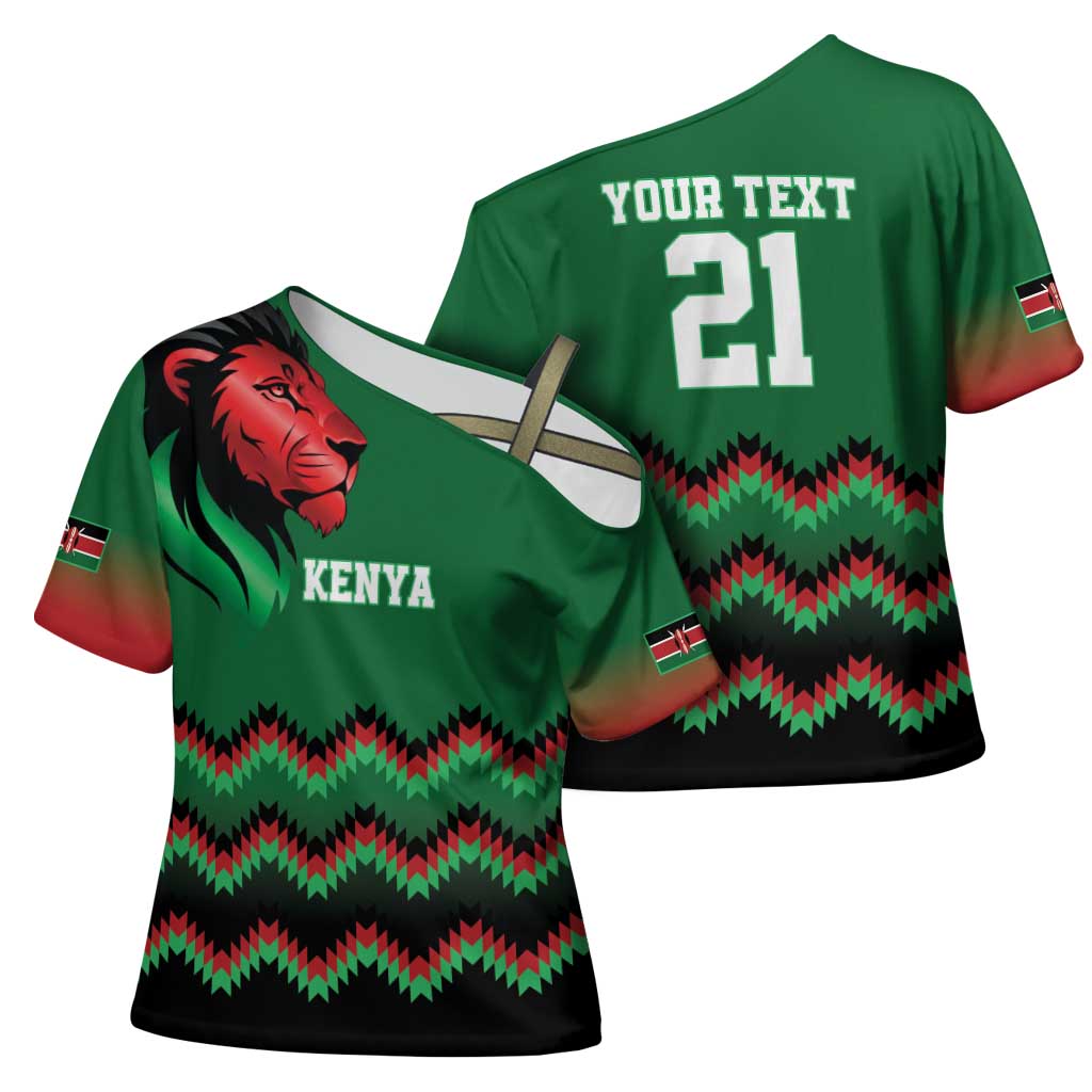Kenya Cricket Custom Cross Shoulder Shirt Green Lion Head with Kenyan Pattern - Wonder Print Shop