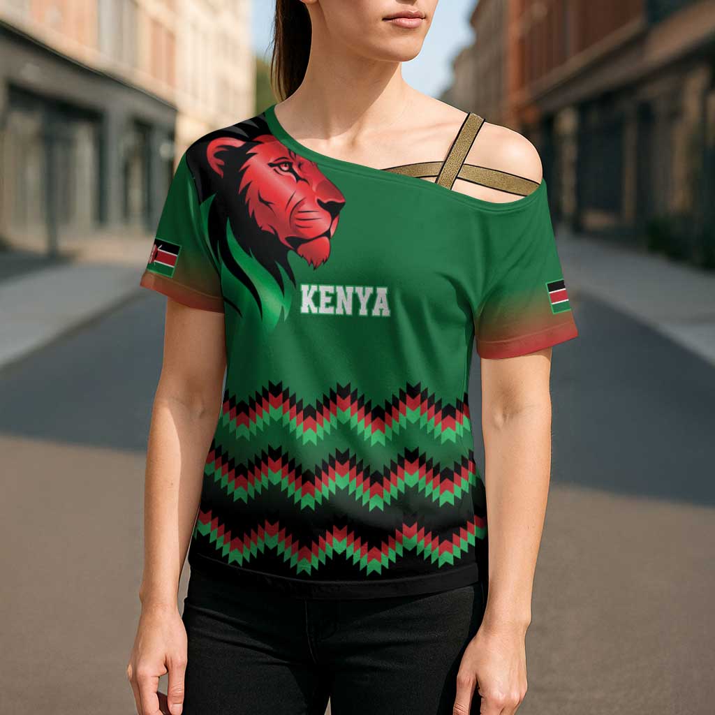 Kenya Cricket Custom Cross Shoulder Shirt Green Lion Head with Kenyan Pattern - Wonder Print Shop