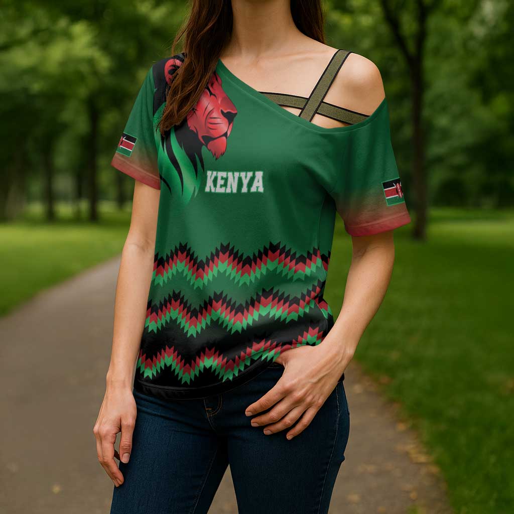 Kenya Cricket Custom Cross Shoulder Shirt Green Lion Head with Kenyan Pattern - Wonder Print Shop