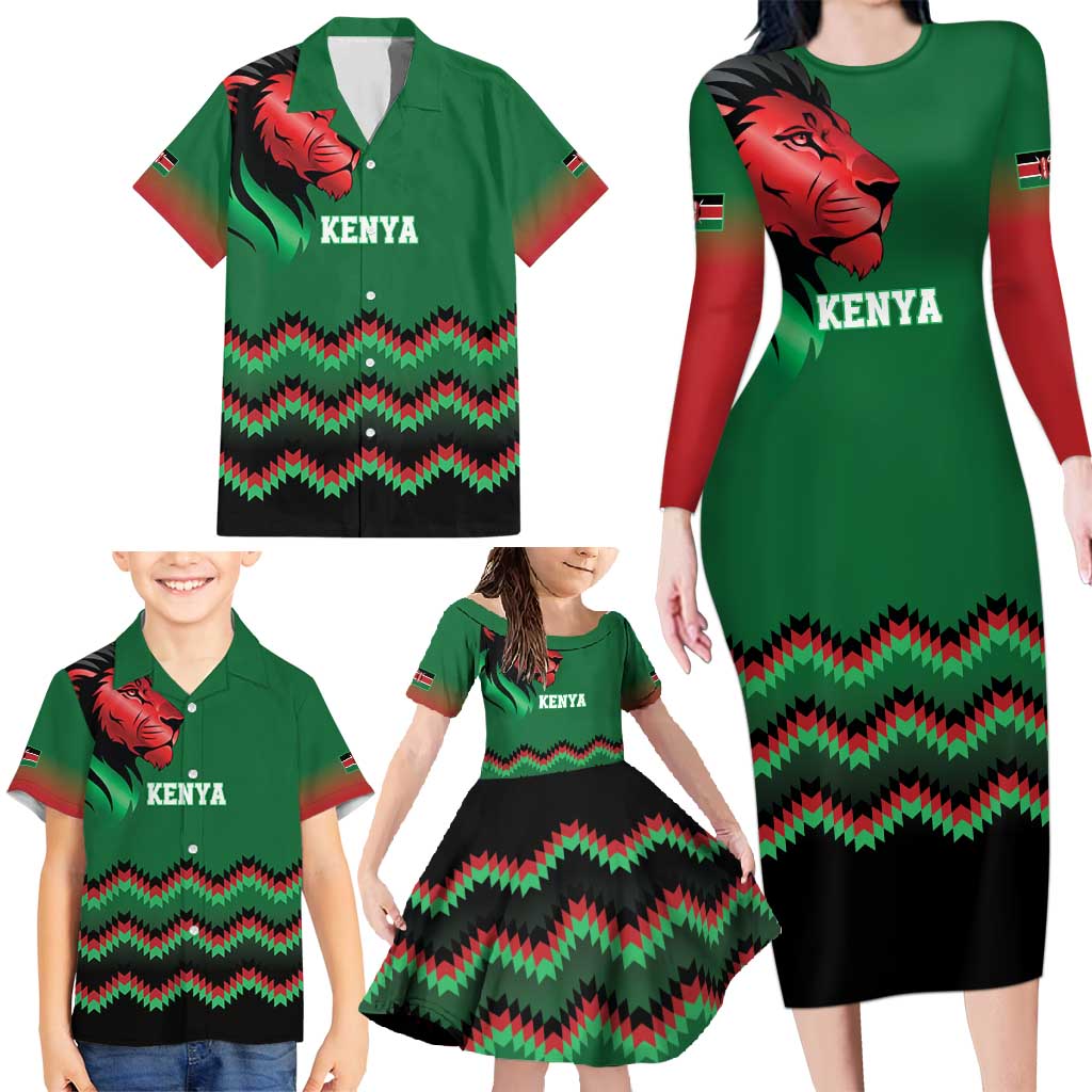 Kenya Cricket Custom Family Matching Long Sleeve Bodycon Dress and Hawaiian Shirt Green Lion Head with Kenyan Pattern - Wonder Print Shop