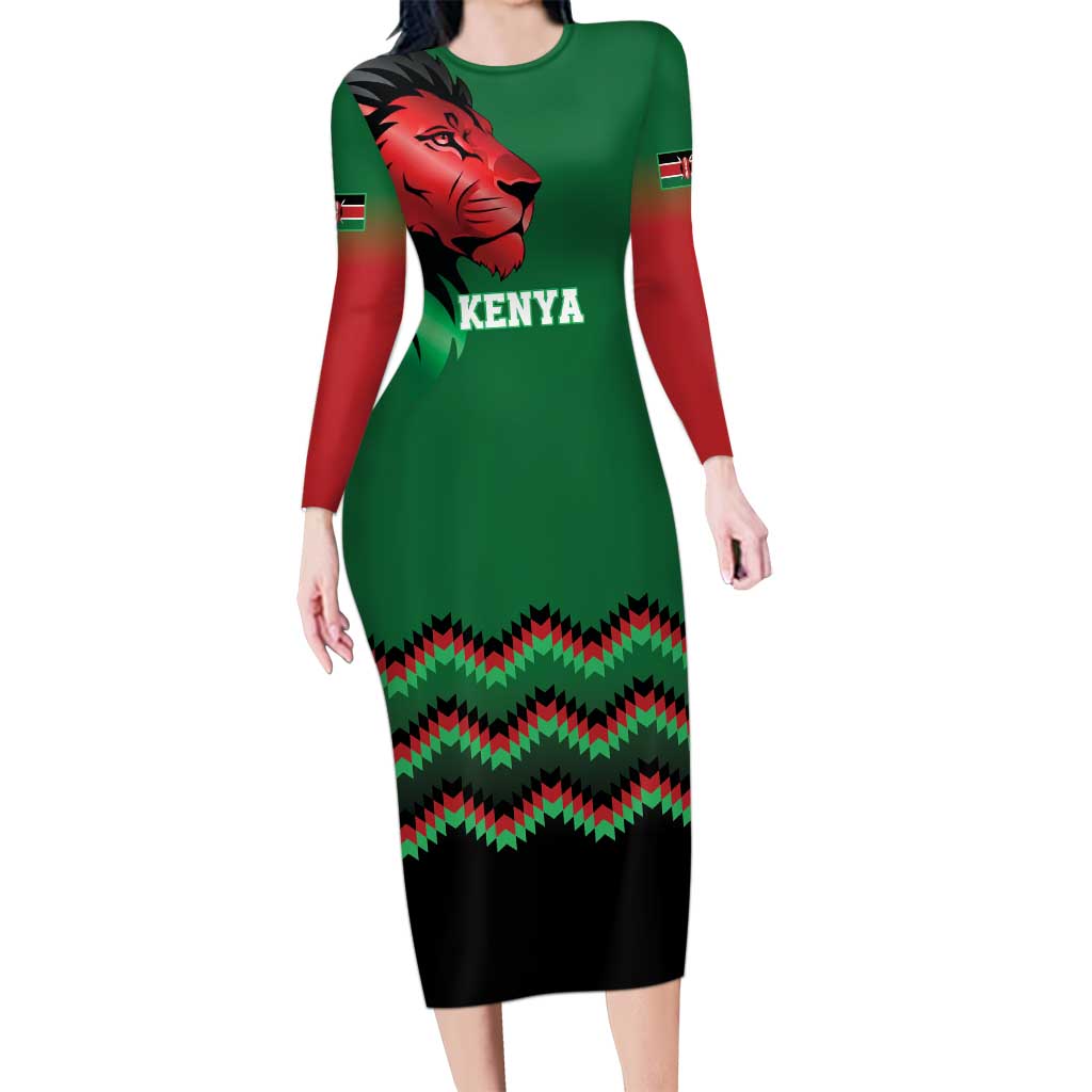 Kenya Cricket Custom Family Matching Long Sleeve Bodycon Dress and Hawaiian Shirt Green Lion Head with Kenyan Pattern - Wonder Print Shop