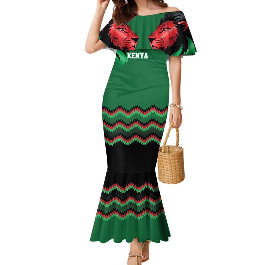 Kenya Cricket Custom Family Matching Mermaid Dress and Hawaiian Shirt Green Lion Head with Kenyan Pattern - Wonder Print Shop