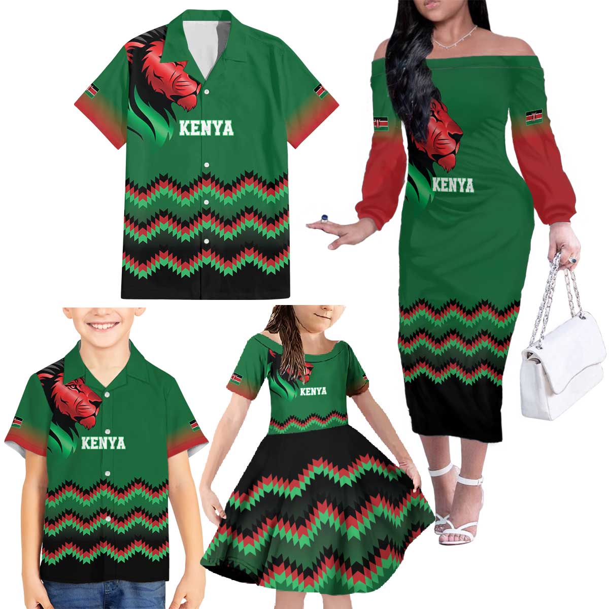 Kenya Cricket Custom Family Matching Off The Shoulder Long Sleeve Dress and Hawaiian Shirt Green Lion Head with Kenyan Pattern - Wonder Print Shop