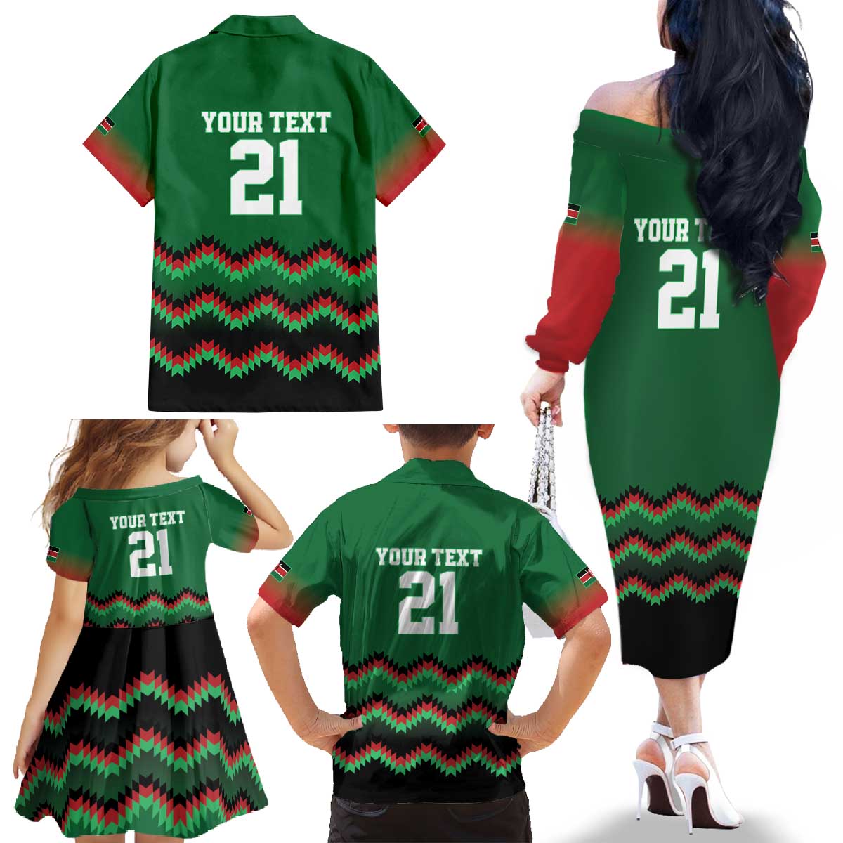 Kenya Cricket Custom Family Matching Off The Shoulder Long Sleeve Dress and Hawaiian Shirt Green Lion Head with Kenyan Pattern - Wonder Print Shop