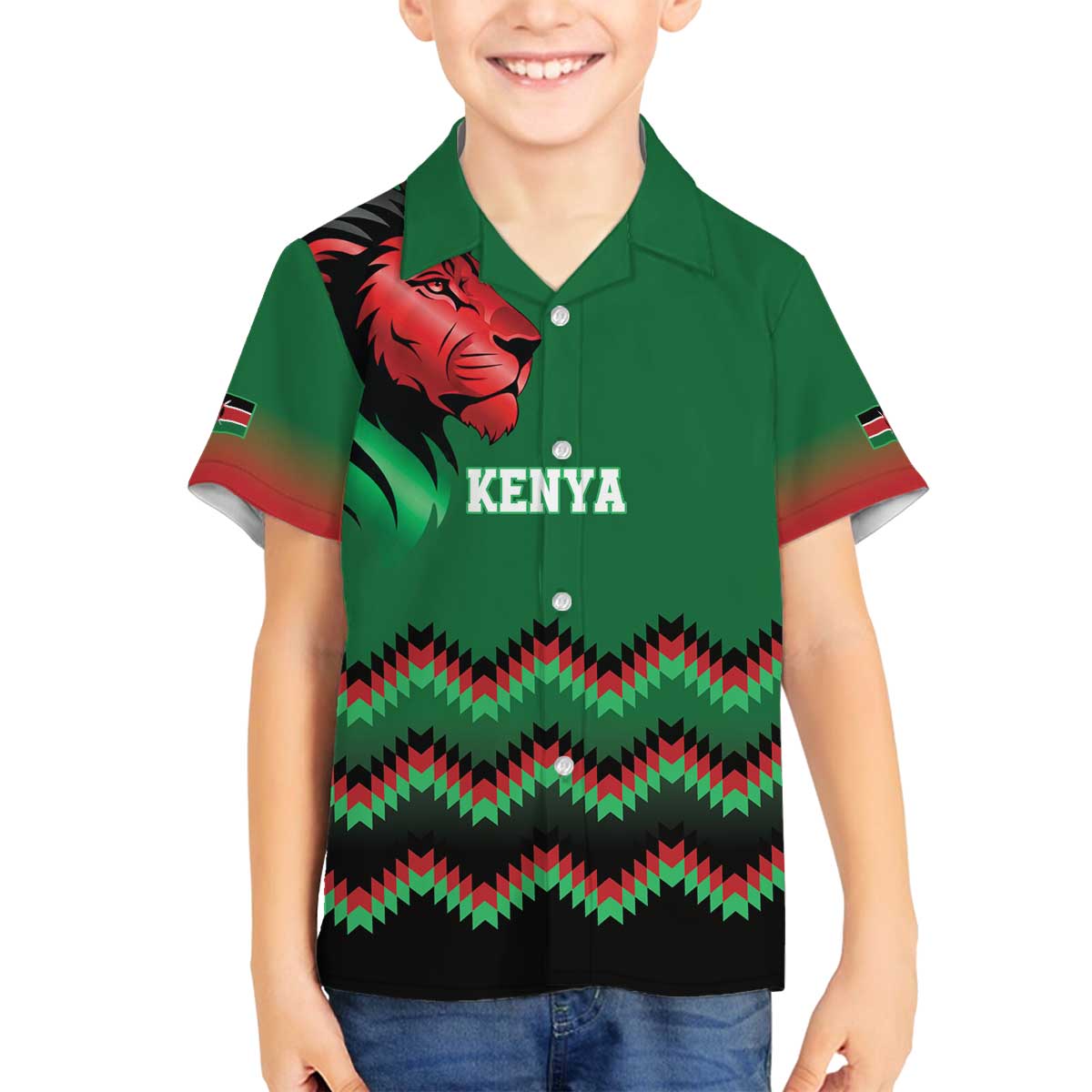 Kenya Cricket Custom Family Matching Off The Shoulder Long Sleeve Dress and Hawaiian Shirt Green Lion Head with Kenyan Pattern - Wonder Print Shop