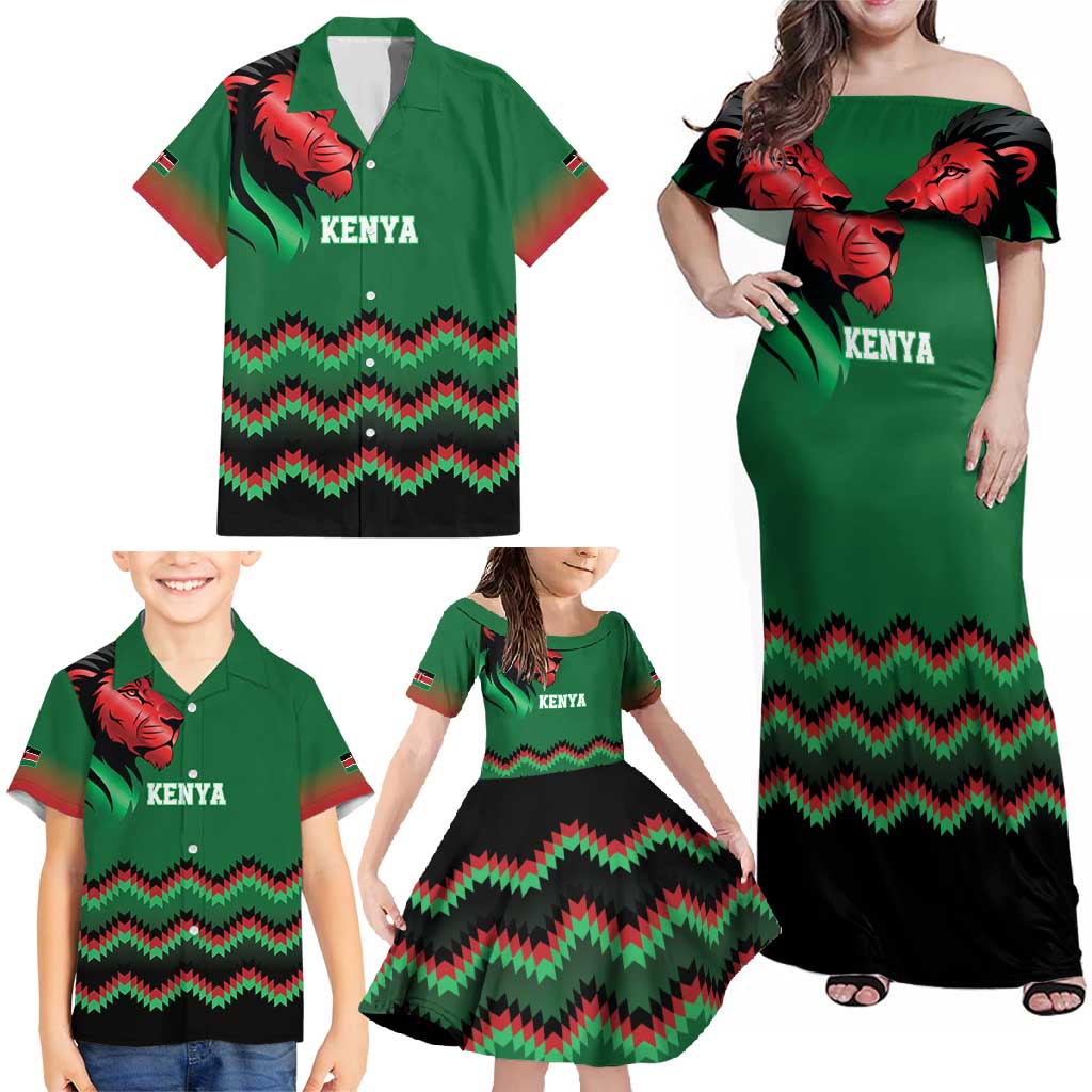 Kenya Cricket Custom Family Matching Off Shoulder Maxi Dress and Hawaiian Shirt Green Lion Head with Kenyan Pattern - Wonder Print Shop
