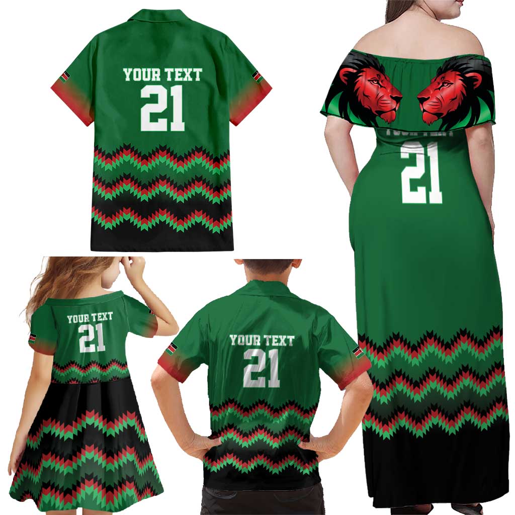 Kenya Cricket Custom Family Matching Off Shoulder Maxi Dress and Hawaiian Shirt Green Lion Head with Kenyan Pattern - Wonder Print Shop