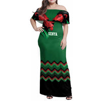 Kenya Cricket Custom Family Matching Off Shoulder Maxi Dress and Hawaiian Shirt Green Lion Head with Kenyan Pattern - Wonder Print Shop