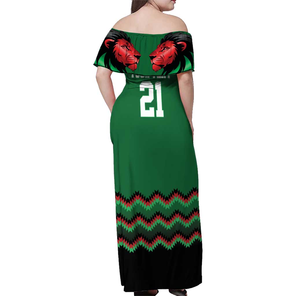 Kenya Cricket Custom Family Matching Off Shoulder Maxi Dress and Hawaiian Shirt Green Lion Head with Kenyan Pattern - Wonder Print Shop