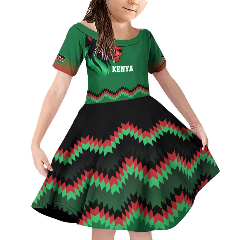 Kenya Cricket Custom Family Matching Off Shoulder Short Dress and Hawaiian Shirt Green Lion Head with Kenyan Pattern - Wonder Print Shop