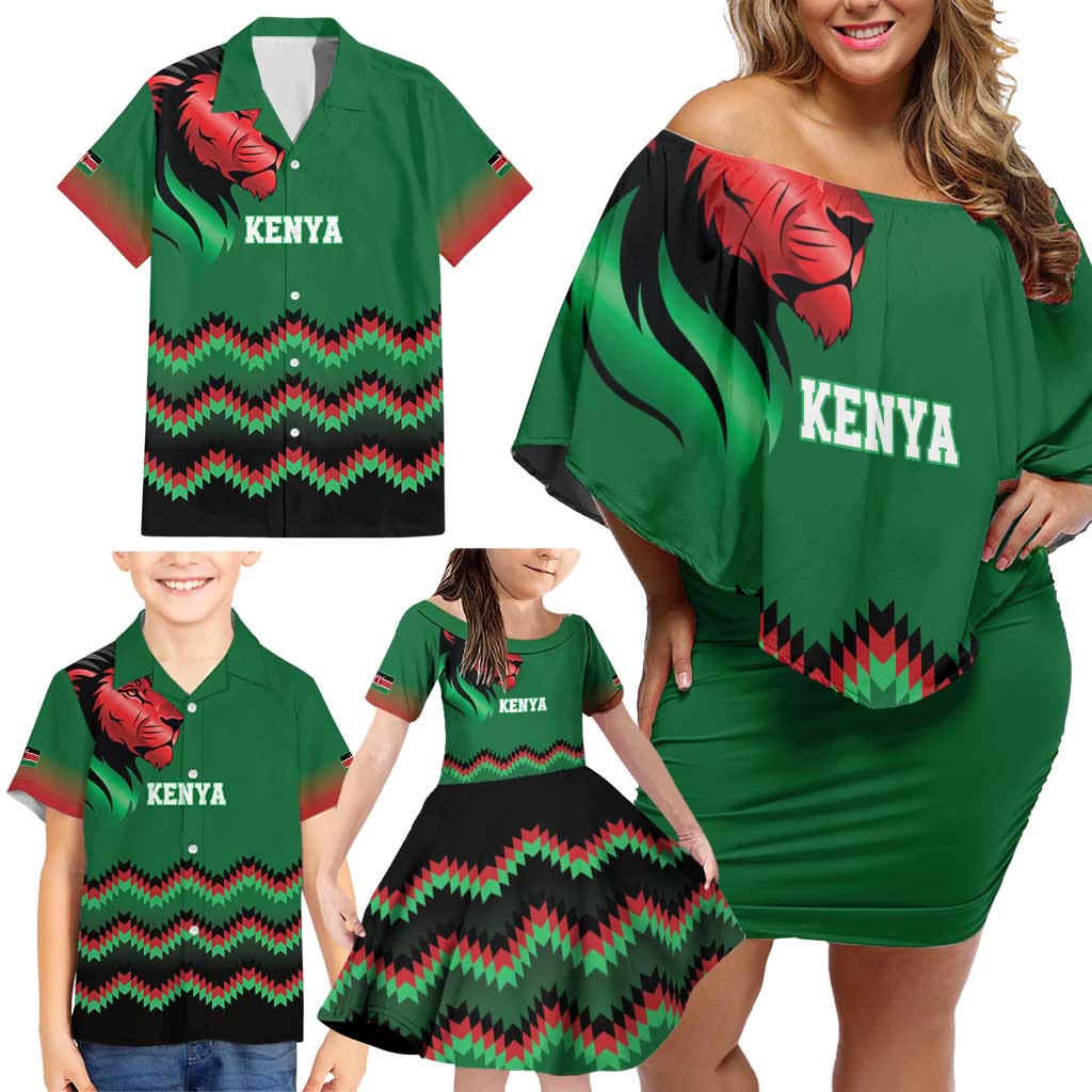 Kenya Cricket Custom Family Matching Off Shoulder Short Dress and Hawaiian Shirt Green Lion Head with Kenyan Pattern - Wonder Print Shop