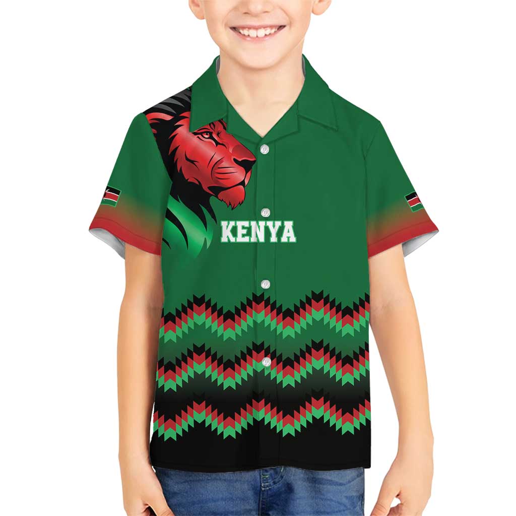 Kenya Cricket Custom Family Matching Off Shoulder Short Dress and Hawaiian Shirt Green Lion Head with Kenyan Pattern - Wonder Print Shop