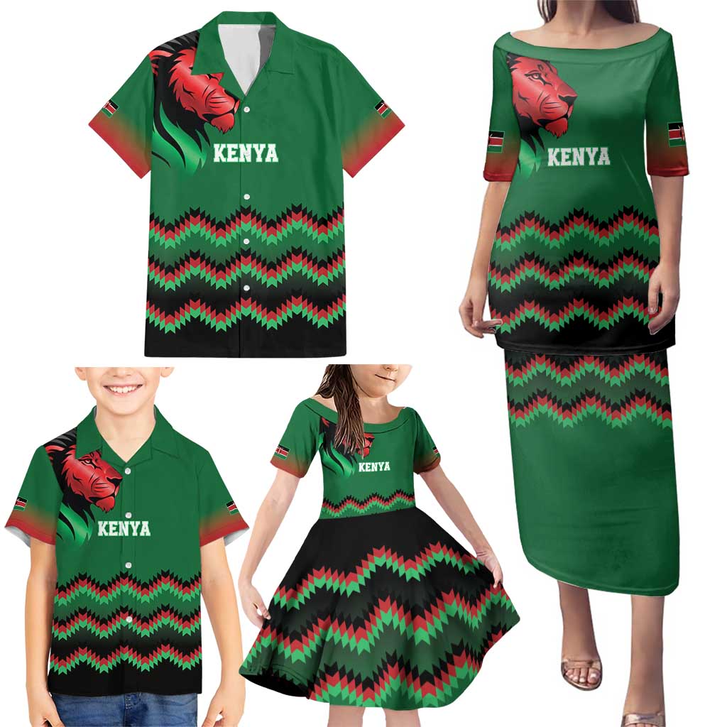 Kenya Cricket Custom Family Matching Puletasi and Hawaiian Shirt Green Lion Head with Kenyan Pattern - Wonder Print Shop