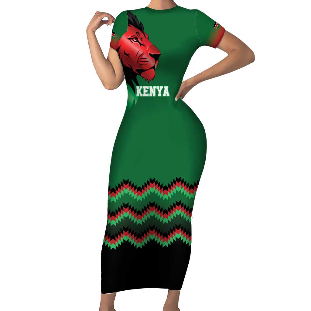 Kenya Cricket Custom Family Matching Short Sleeve Bodycon Dress and Hawaiian Shirt Green Lion Head with Kenyan Pattern - Wonder Print Shop