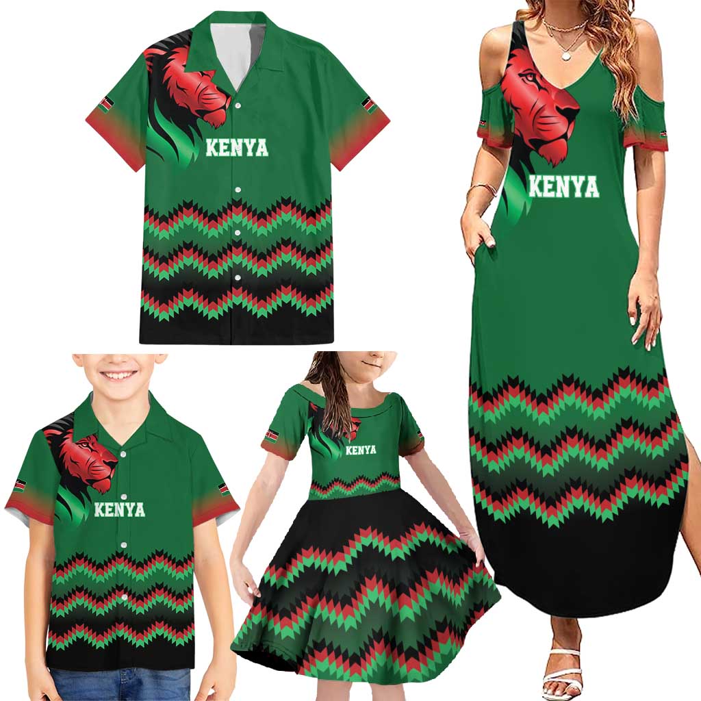 Kenya Cricket Custom Family Matching Summer Maxi Dress and Hawaiian Shirt Green Lion Head with Kenyan Pattern - Wonder Print Shop
