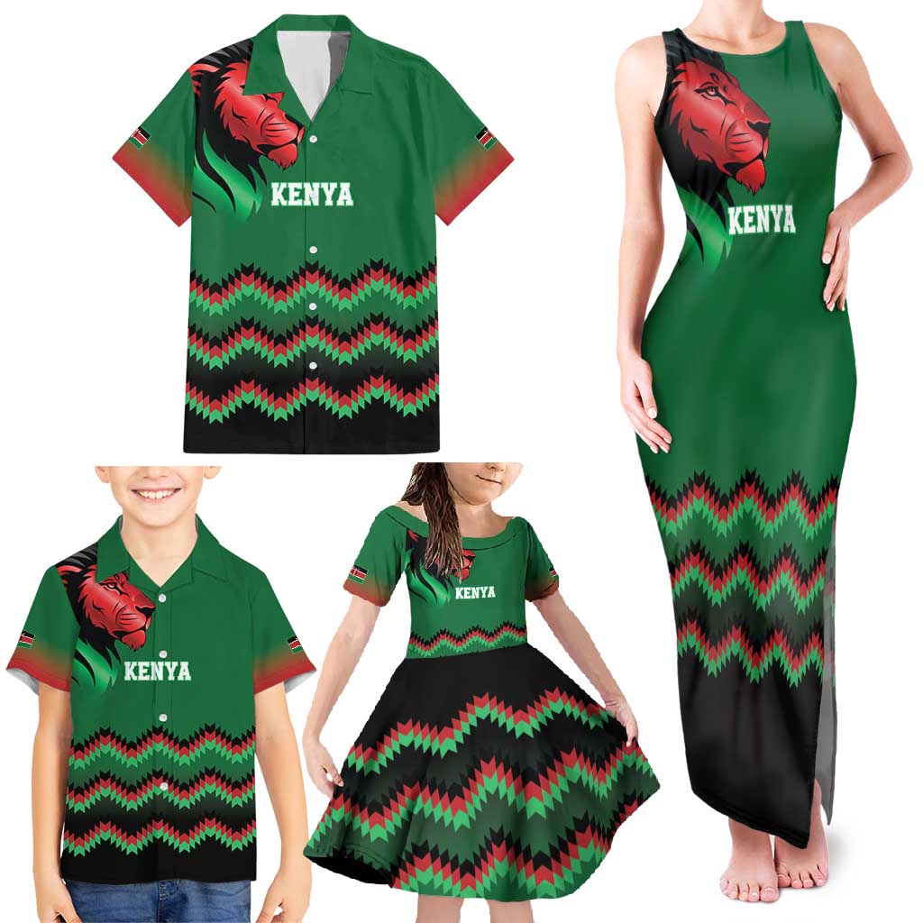 Kenya Cricket Custom Family Matching Tank Maxi Dress and Hawaiian Shirt Green Lion Head with Kenyan Pattern - Wonder Print Shop