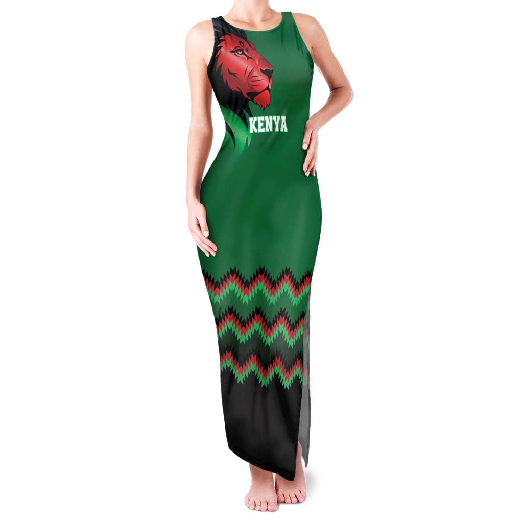 Kenya Cricket Custom Family Matching Tank Maxi Dress and Hawaiian Shirt Green Lion Head with Kenyan Pattern - Wonder Print Shop