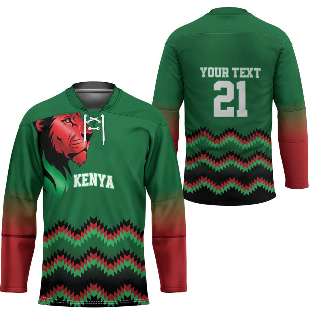 Kenya Cricket Custom Hockey Jersey Green Lion Head with Kenyan Pattern - Wonder Print Shop