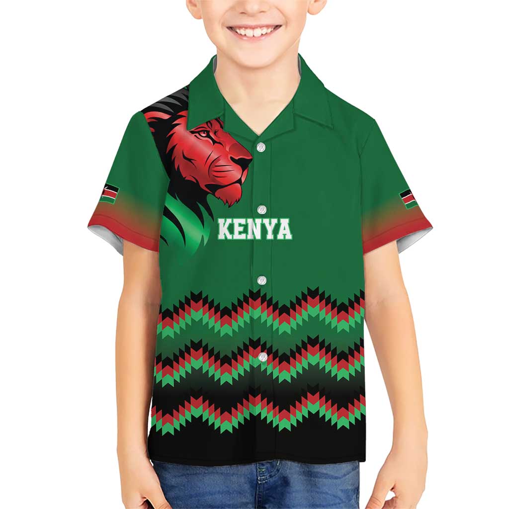 Kenya Cricket Custom Kid Hawaiian Shirt Green Lion Head with Kenyan Pattern - Wonder Print Shop