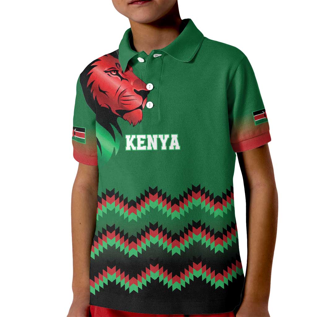 Kenya Cricket Custom Kid Polo Shirt Green Lion Head with Kenyan Pattern - Wonder Print Shop
