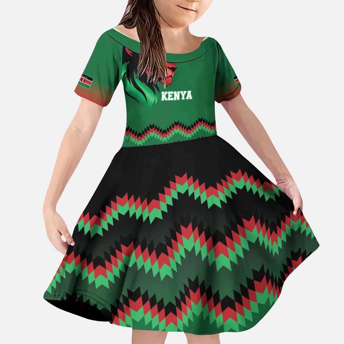 Kenya Cricket Custom Kid Short Sleeve Dress Green Lion Head with Kenyan Pattern - Wonder Print Shop