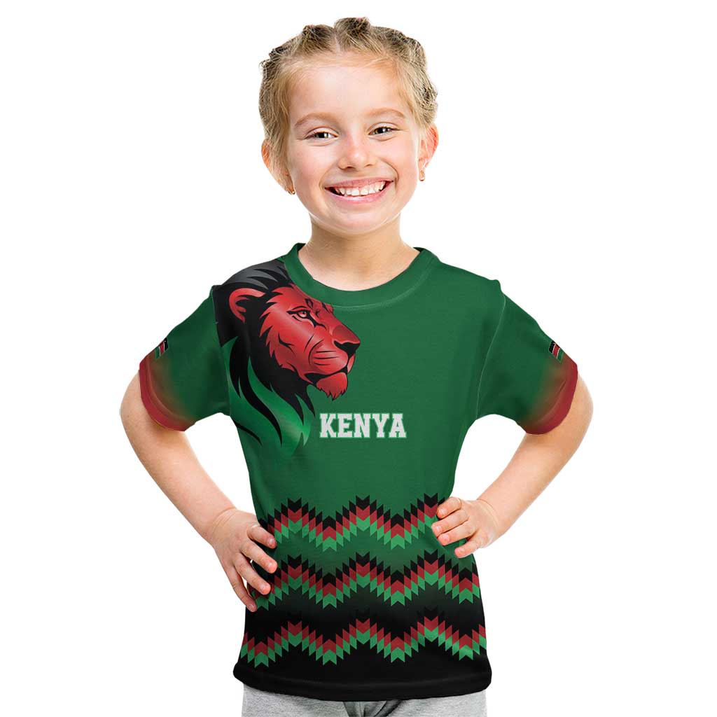 Kenya Cricket Custom Kid T Shirt Green Lion Head with Kenyan Pattern - Wonder Print Shop