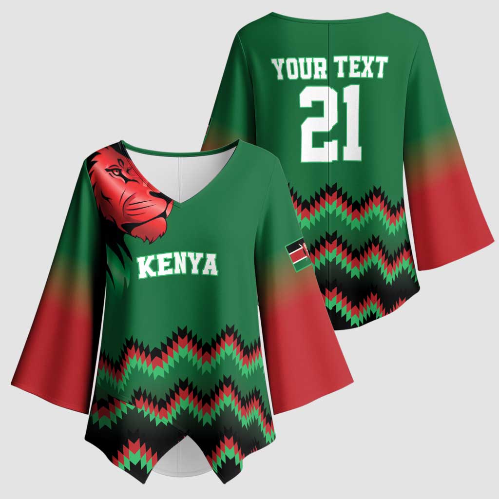 Kenya Cricket Custom Kimono Sleeve Blouse Green Lion Head with Kenyan Pattern - Wonder Print Shop