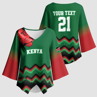 Kenya Cricket Custom Kimono Sleeve Blouse Green Lion Head with Kenyan Pattern - Wonder Print Shop