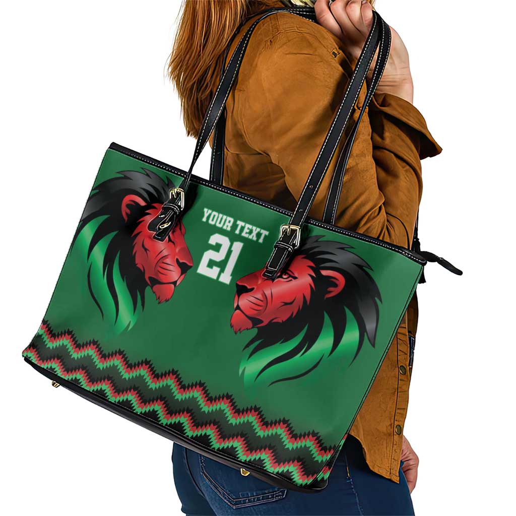 Kenya Cricket Custom Leather Tote Bag Green Lion Head with Kenyan Pattern - Wonder Print Shop
