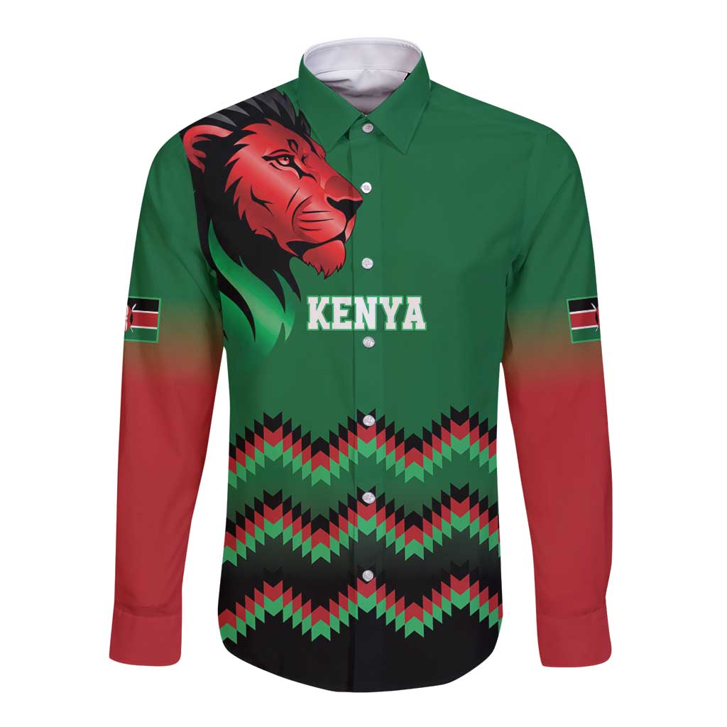 Kenya Cricket Custom Long Sleeve Button Shirt Green Lion Head with Kenyan Pattern - Wonder Print Shop