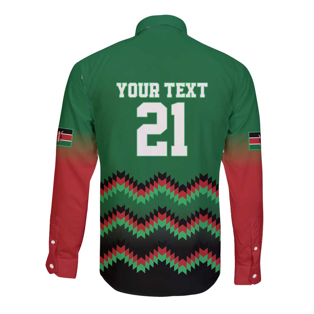 Kenya Cricket Custom Long Sleeve Button Shirt Green Lion Head with Kenyan Pattern - Wonder Print Shop