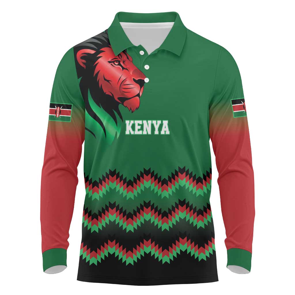 Kenya Cricket Custom Long Sleeve Polo Shirt Green Lion Head with Kenyan Pattern - Wonder Print Shop