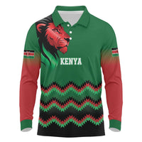 Kenya Cricket Custom Long Sleeve Polo Shirt Green Lion Head with Kenyan Pattern - Wonder Print Shop