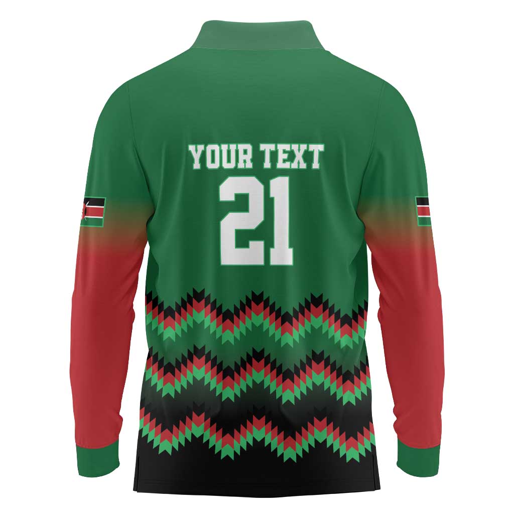 Kenya Cricket Custom Long Sleeve Polo Shirt Green Lion Head with Kenyan Pattern - Wonder Print Shop