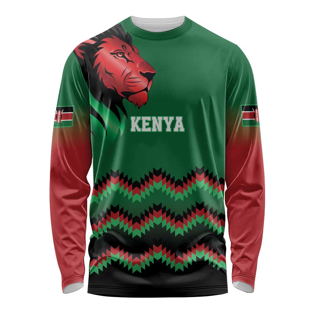 Kenya Cricket Custom Long Sleeve Shirt Green Lion Head with Kenyan Pattern - Wonder Print Shop