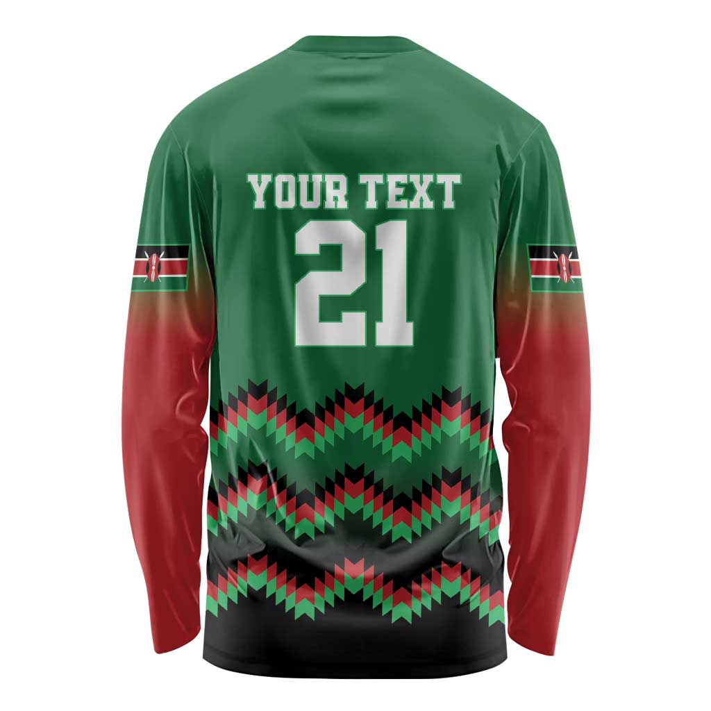 Kenya Cricket Custom Long Sleeve Shirt Green Lion Head with Kenyan Pattern - Wonder Print Shop
