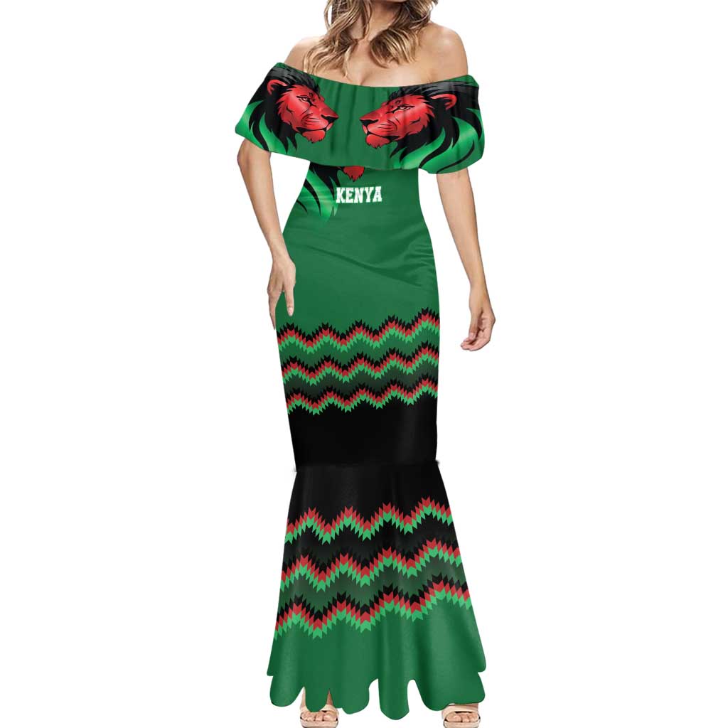 Kenya Cricket Custom Mermaid Dress Green Lion Head with Kenyan Pattern - Wonder Print Shop