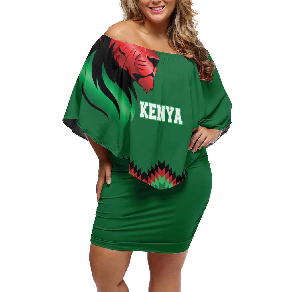 Kenya Cricket Custom Off Shoulder Short Dress Green Lion Head with Kenyan Pattern - Wonder Print Shop