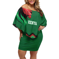 Kenya Cricket Custom Off Shoulder Short Dress Green Lion Head with Kenyan Pattern - Wonder Print Shop