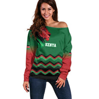 Kenya Cricket Custom Off Shoulder Sweater Green Lion Head with Kenyan Pattern - Wonder Print Shop