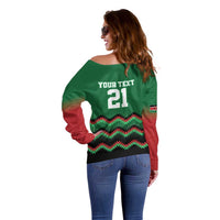 Kenya Cricket Custom Off Shoulder Sweater Green Lion Head with Kenyan Pattern - Wonder Print Shop