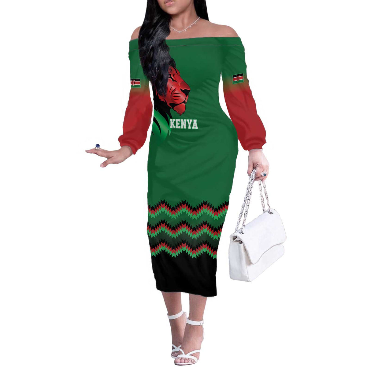 Kenya Cricket Custom Off The Shoulder Long Sleeve Dress Green Lion Head with Kenyan Pattern - Wonder Print Shop
