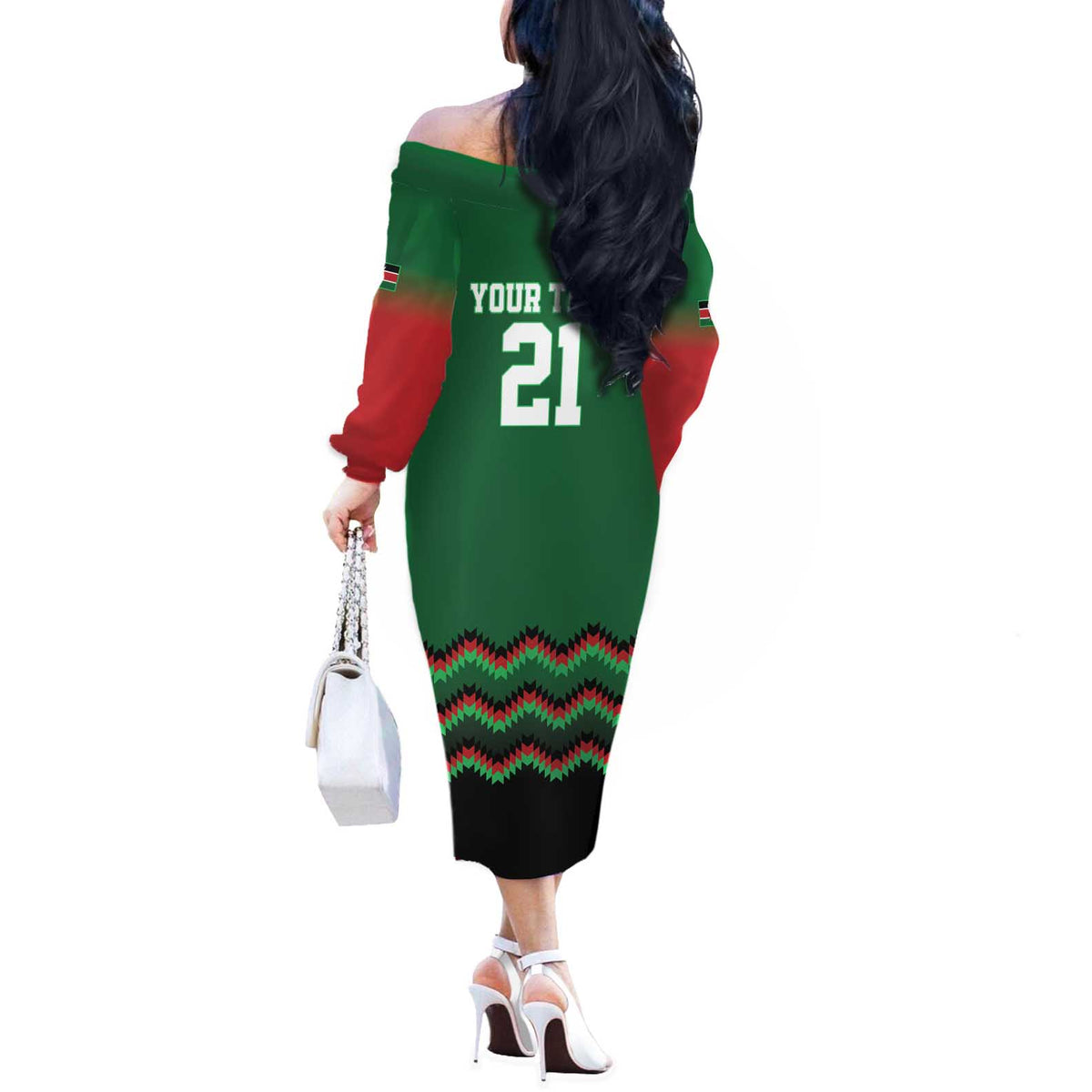 Kenya Cricket Custom Off The Shoulder Long Sleeve Dress Green Lion Head with Kenyan Pattern - Wonder Print Shop