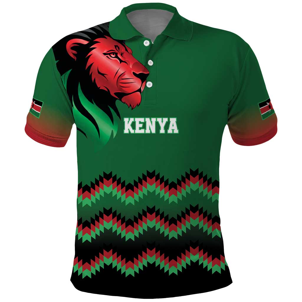Kenya Cricket Custom Polo Shirt Green Lion Head with Kenyan Pattern - Wonder Print Shop