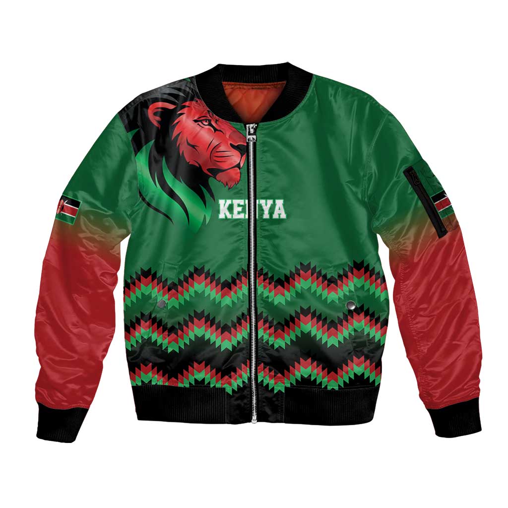 Kenya Cricket Custom Sleeve Zip Bomber Jacket Green Lion Head with Kenyan Pattern - Wonder Print Shop