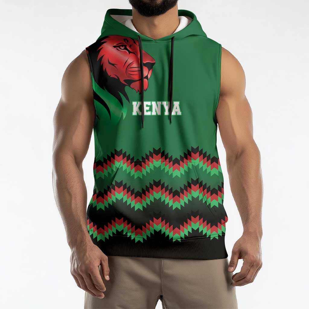 Kenya Cricket Custom Sleeveless Hoodie Green Lion Head with Kenyan Pattern - Wonder Print Shop